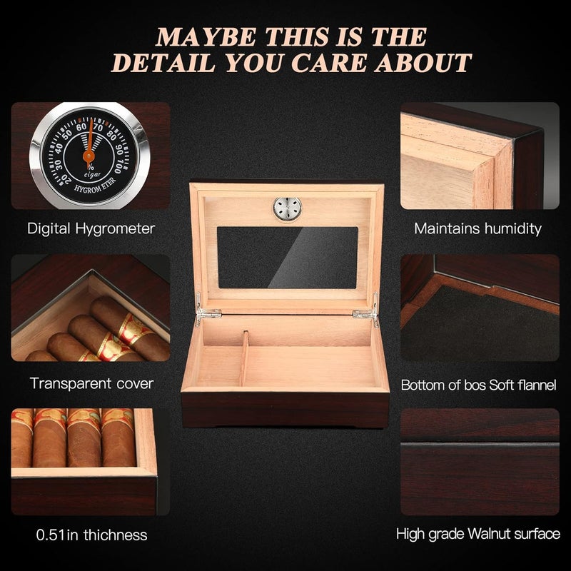 TISFA Cigar Humidor, Glass Top Cigar Box with Hygrometer Humidifier and Divider, Desktop Cedar Wood Storage Case Holds 20-30 Cigars (Dark Brown) - Image 2